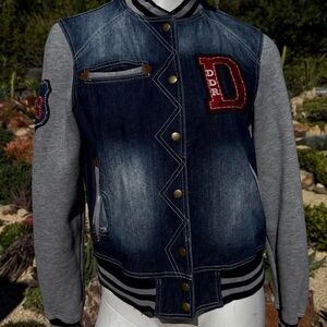 Double D Ranch Denim Varsity Chief Head Jacket with Gray Sleeves and Red Patch